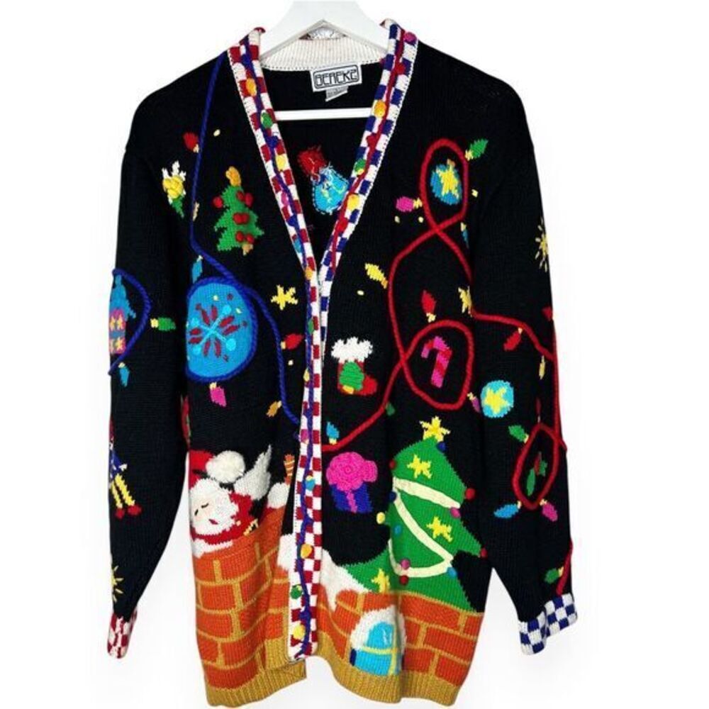 BEREK Vintage‎ Festive Christmas Cardigan Sweater Whimsical Embroidery Size L